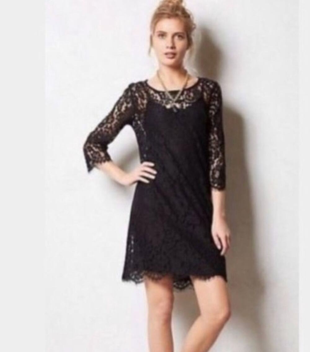 Anthropologie HD in Paris Black Lace Shift Dress L 3/4 Sleeve Lined Fall Party